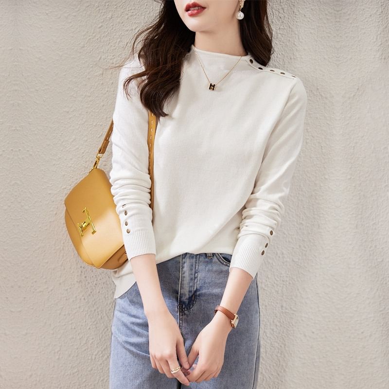 Plain Mock-Neck Long-Sleeved Knit Top
