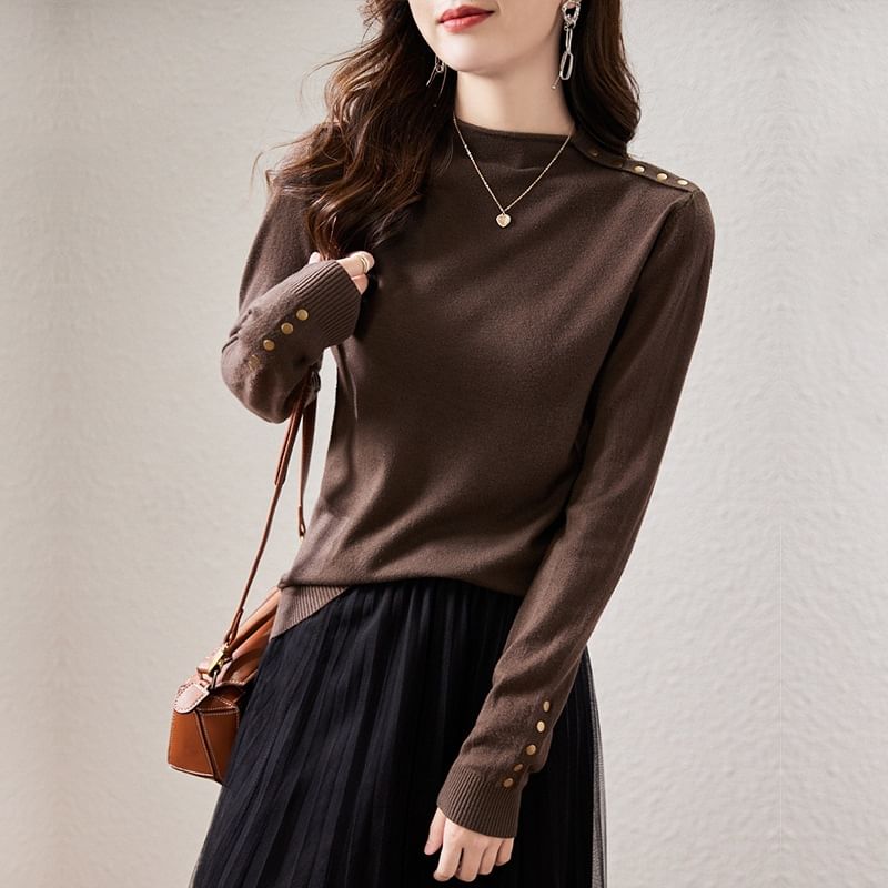 Plain Mock-Neck Long-Sleeved Knit Top