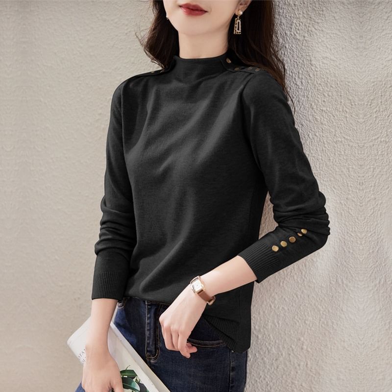 Plain Mock-Neck Long-Sleeved Knit Top