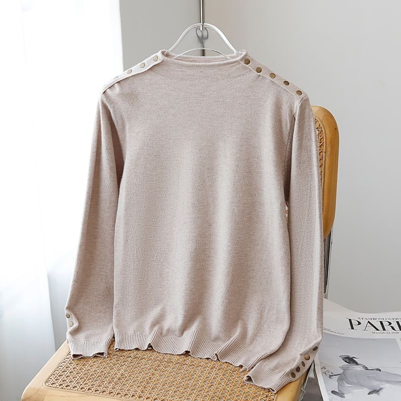 Plain Mock-Neck Long-Sleeved Knit Top