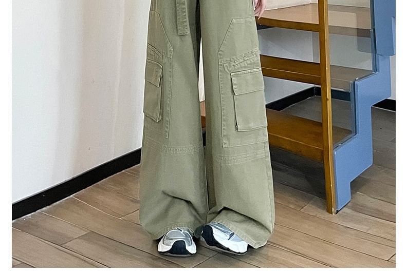 High Rise Plain Wide Leg Cargo Pants (Various Designs)