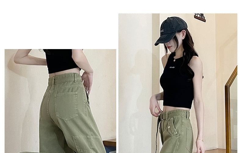 High Rise Plain Wide Leg Cargo Pants (Various Designs)