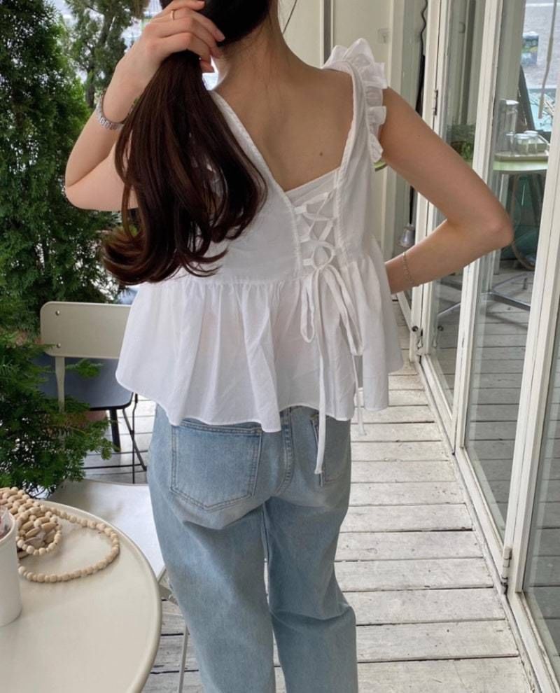Sleeveless V-Neck Plain Ruffle Lace-Up Blouse