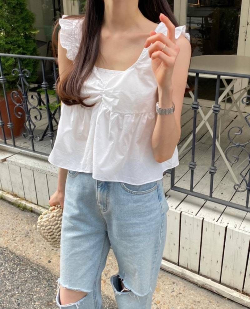 Plain Lace-Up Ruffled Sleeveless V-Neck Blouse