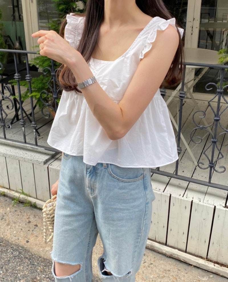 Plain Lace-Up Ruffled Sleeveless V-Neck Blouse