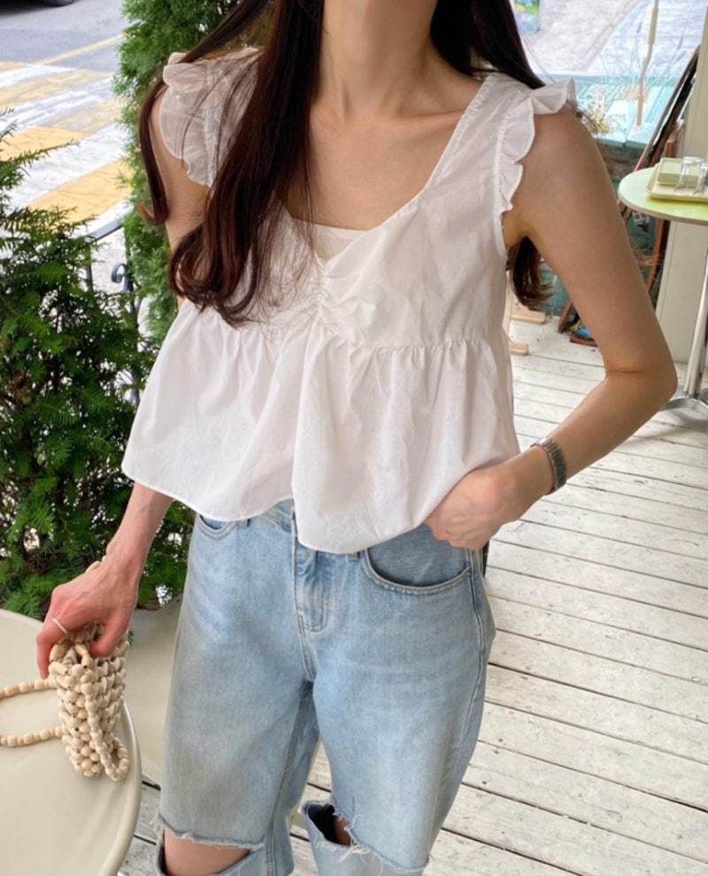 Plain Lace-Up Ruffled Sleeveless V-Neck Blouse