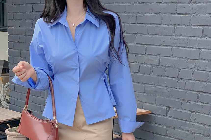 Plain Tie-Waist Sleeved Blouse
