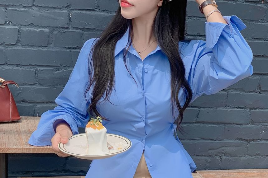 Plain Tie-Waist Sleeved Blouse
