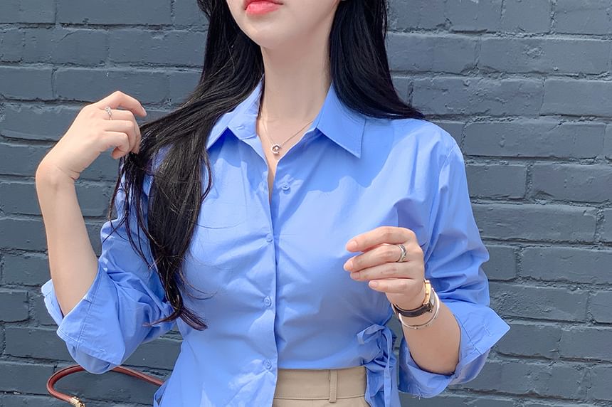 Plain Tie-Waist Sleeved Blouse