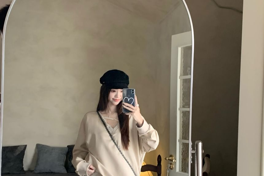 V-Neck Lace Panel Tie-Back Sweatshirt & High-Waist Asymmetrical Ruffle Trim Skirt