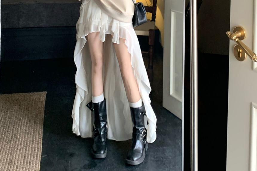 V-Neck Lace Panel Tie-Back Sweatshirt & High-Waist Asymmetrical Ruffle Trim Skirt