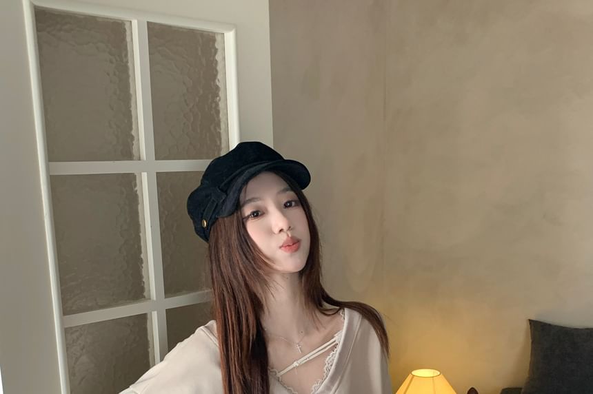 V-Neck Lace Panel Tie-Back Sweatshirt & High-Waist Asymmetrical Ruffle Trim Skirt