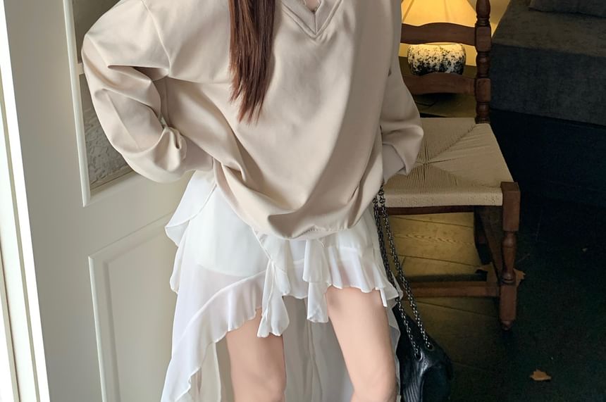 V-Neck Lace Panel Tie-Back Sweatshirt & High-Waist Asymmetrical Ruffle Trim Skirt