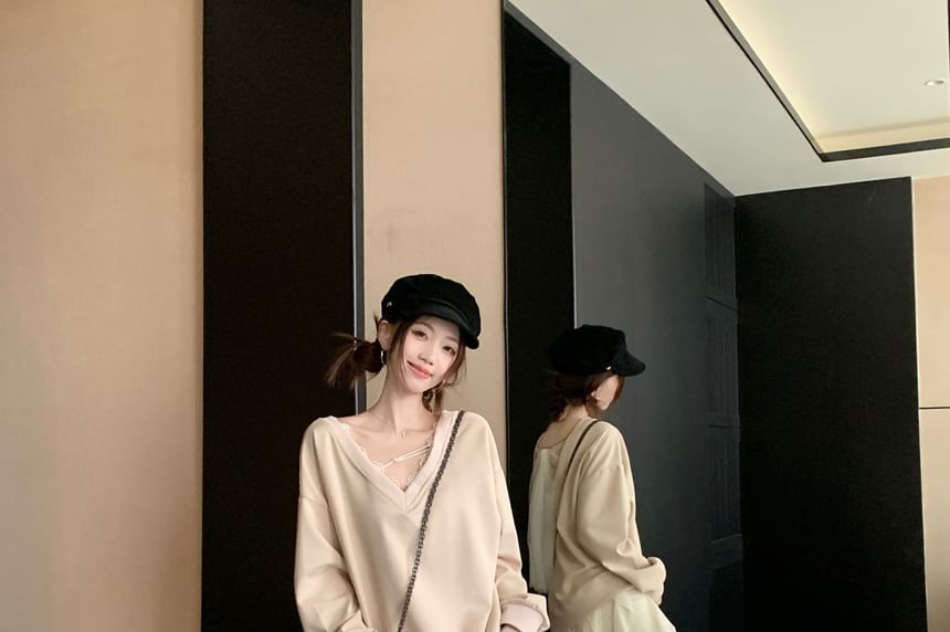 V-Neck Lace Panel Tie-Back Sweatshirt & High-Waist Asymmetrical Ruffle Trim Skirt