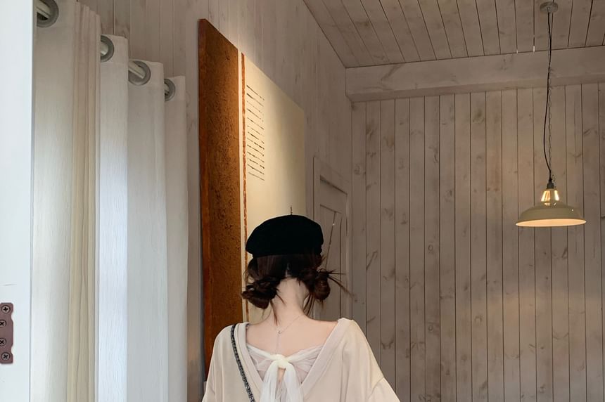 V-Neck Lace Panel Tie-Back Sweatshirt & High-Waist Asymmetrical Ruffle Trim Skirt
