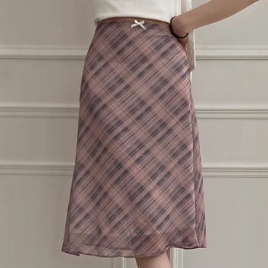 High-Waist Plaid Sheer Midi A-Line Skirt