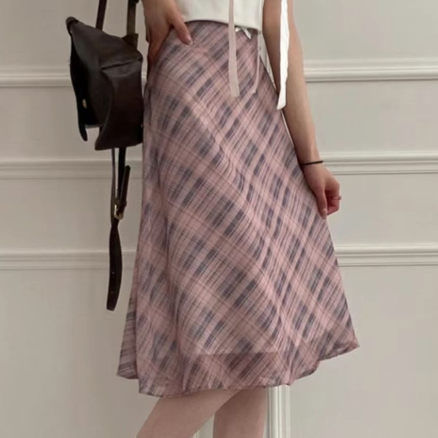 High-Waist Plaid Sheer Midi A-Line Skirt