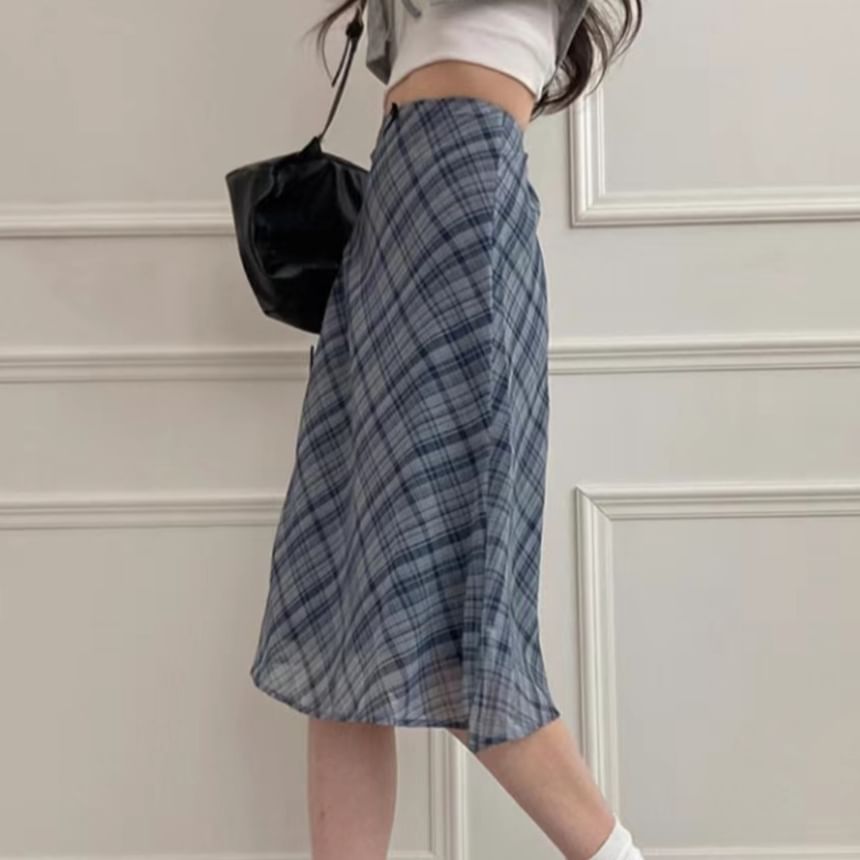 High-Waist Plaid Sheer Midi A-Line Skirt
