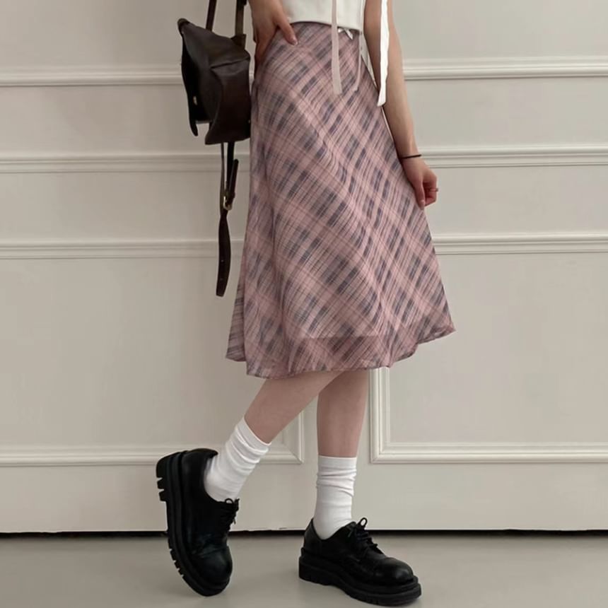 High-Waist Plaid Sheer Midi A-Line Skirt