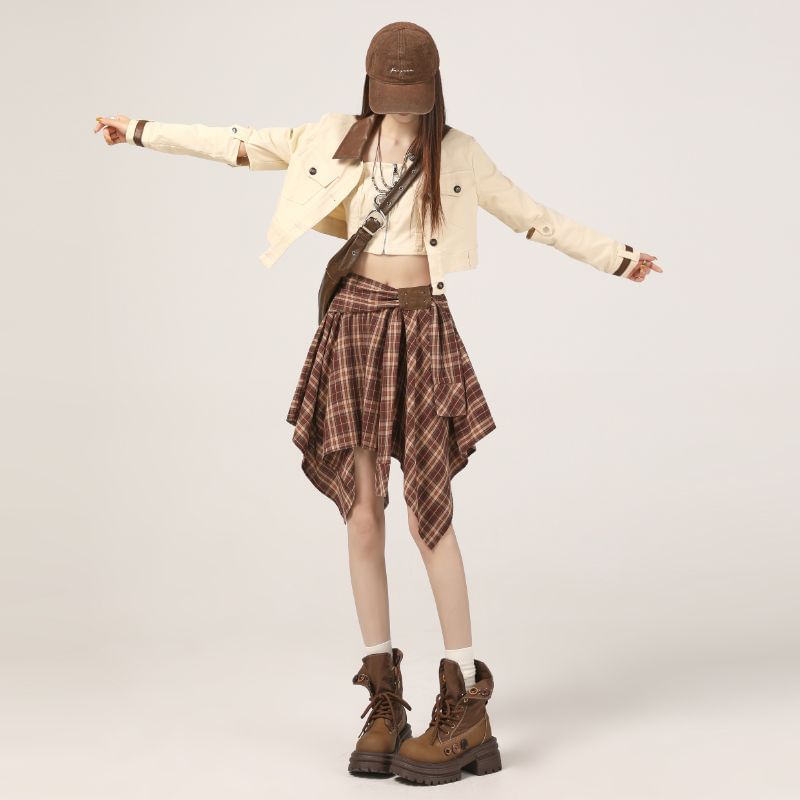 Plaid Asymmetrical A-Line Skirt - High Waist