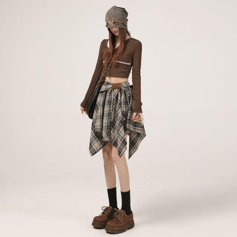 Plaid Asymmetrical A-Line Skirt - High Waist