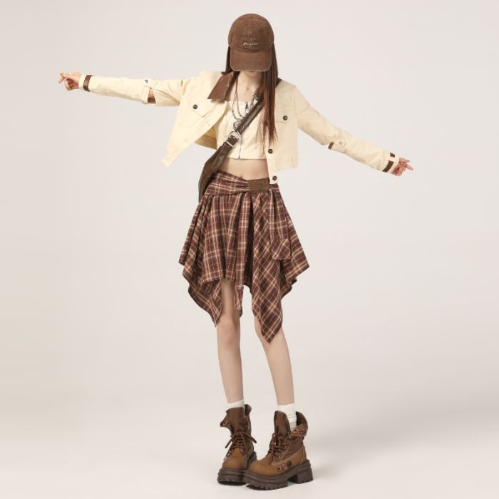 Plaid Asymmetrical A-Line Skirt - High Waist