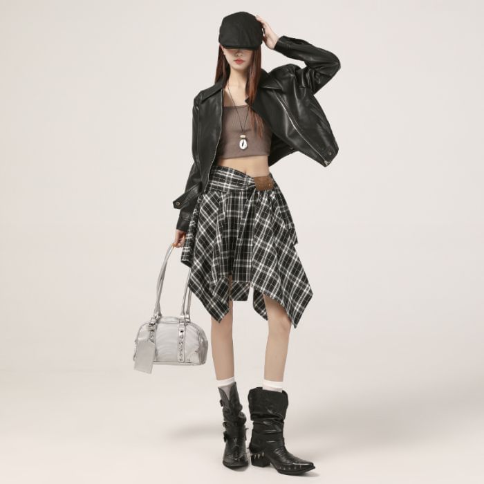 Plaid Asymmetrical A-Line Skirt - High Waist