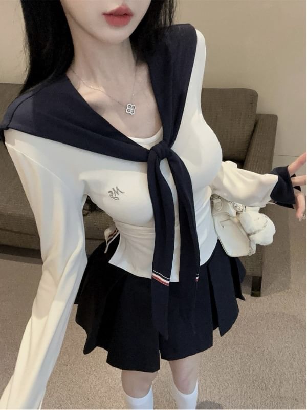 Long-Sleeve V-Neck Top & Mini Pleated Skirt Set