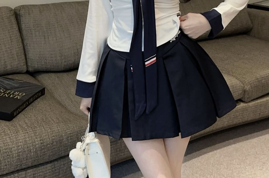 Long-Sleeve V-Neck Top & Mini Pleated Skirt Set