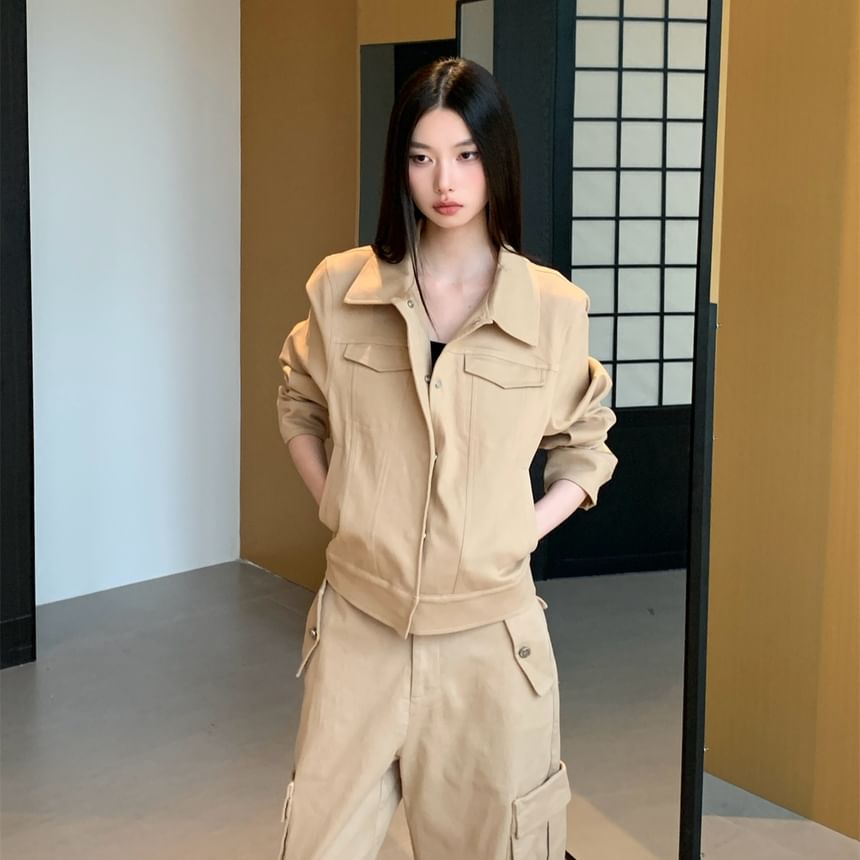 Collared Button-Up Plain Jacket / High Rise Cropped Wide Leg Cargo Pants