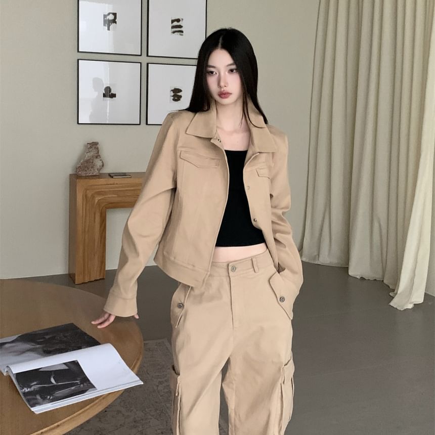 Collared Button-Up Plain Jacket / High Rise Cropped Wide Leg Cargo Pants