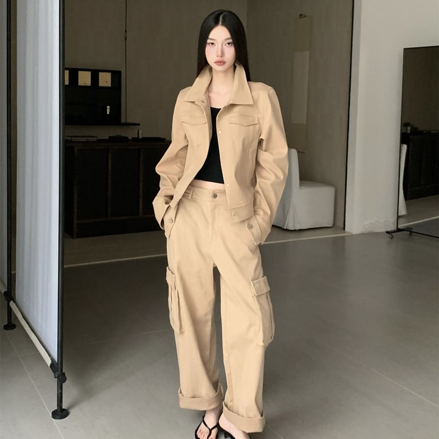 Collared Button-Up Plain Jacket / High Rise Cropped Wide Leg Cargo Pants