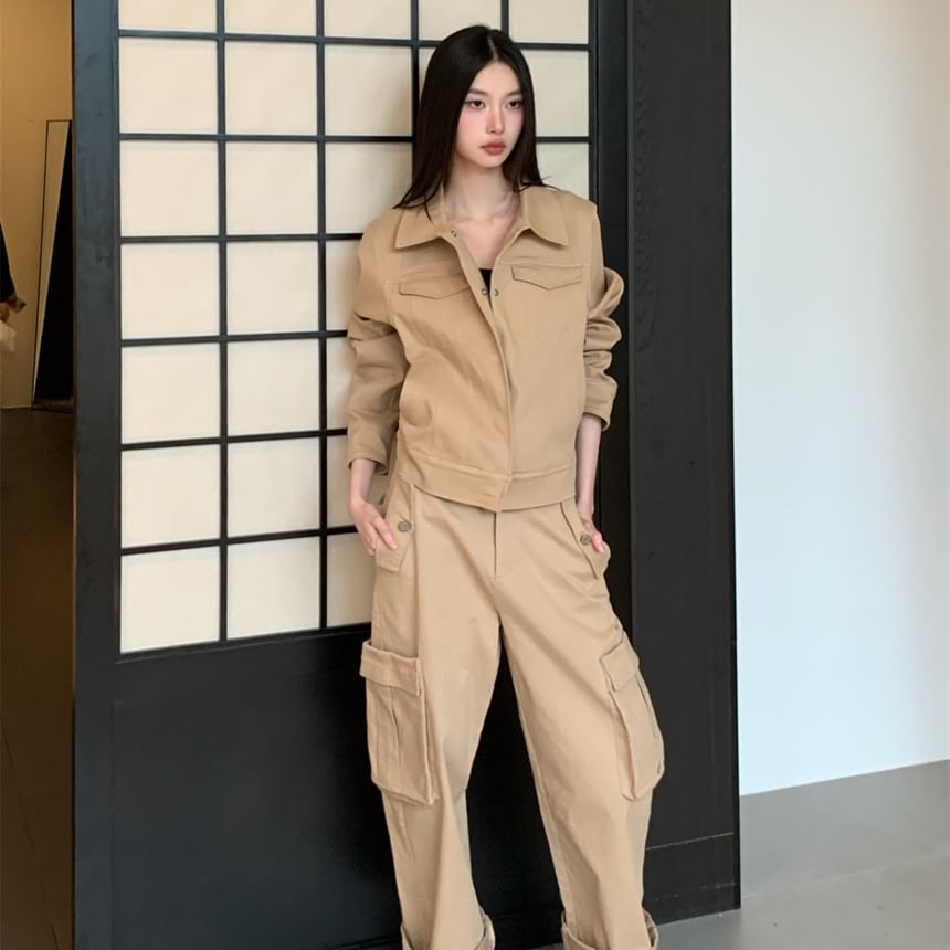 Collared Button-Up Plain Jacket / High Rise Cropped Wide Leg Cargo Pants