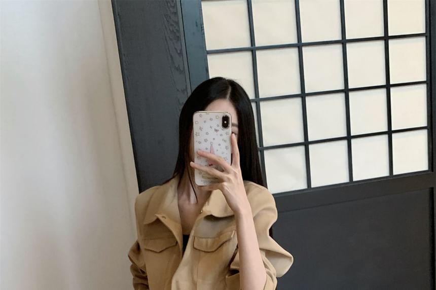 Collared Button-Up Plain Jacket / High Rise Cropped Wide Leg Cargo Pants