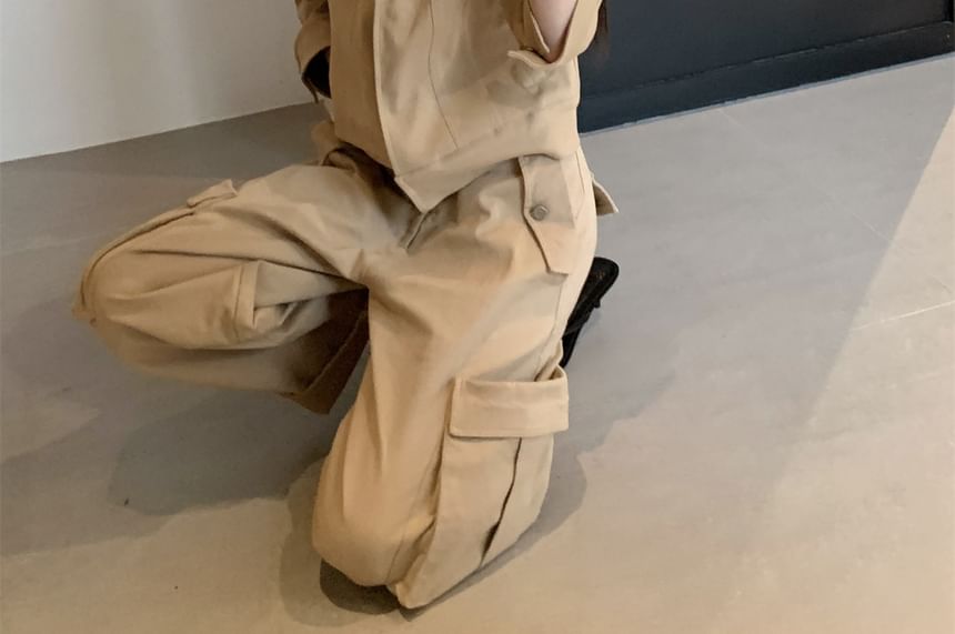 Collared Button-Up Plain Jacket / High Rise Cropped Wide Leg Cargo Pants