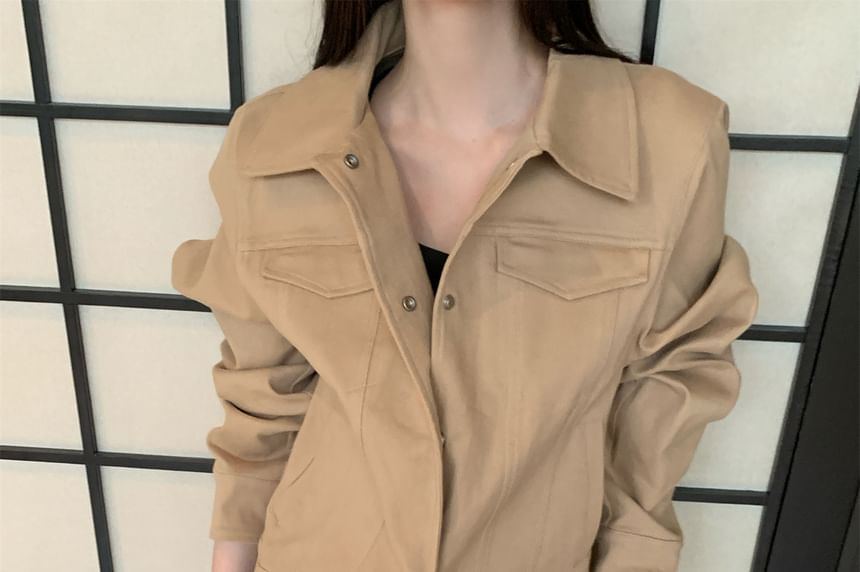 Collared Button-Up Plain Jacket / High Rise Cropped Wide Leg Cargo Pants