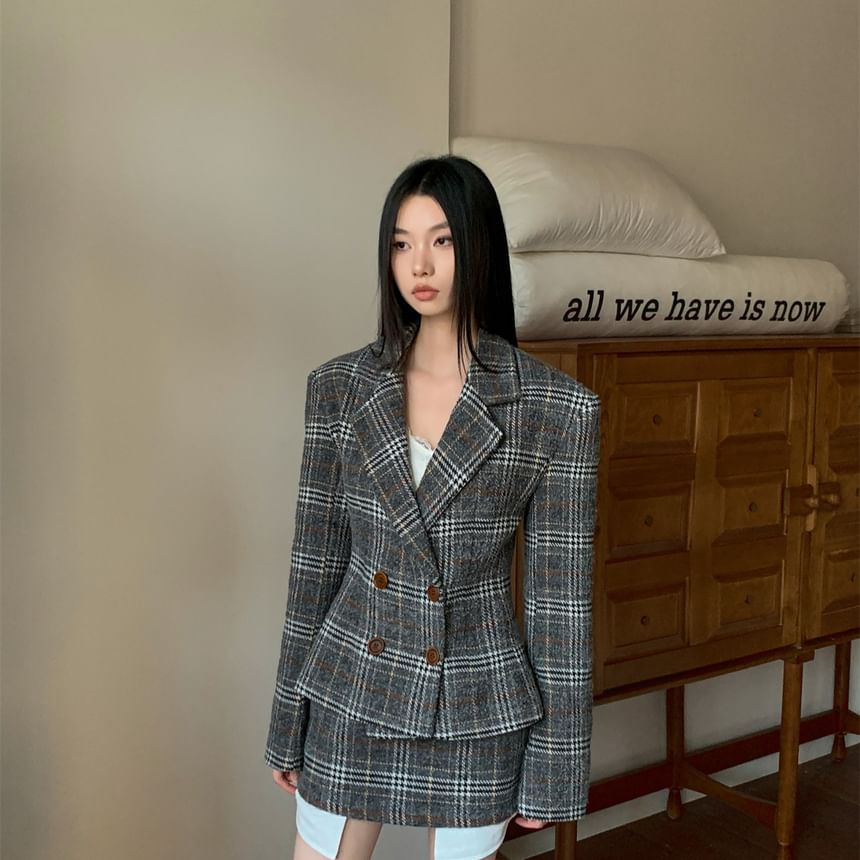 Double-Breasted Plaid Blazer with Notch Lapel & High-Waist Pencil Skirt