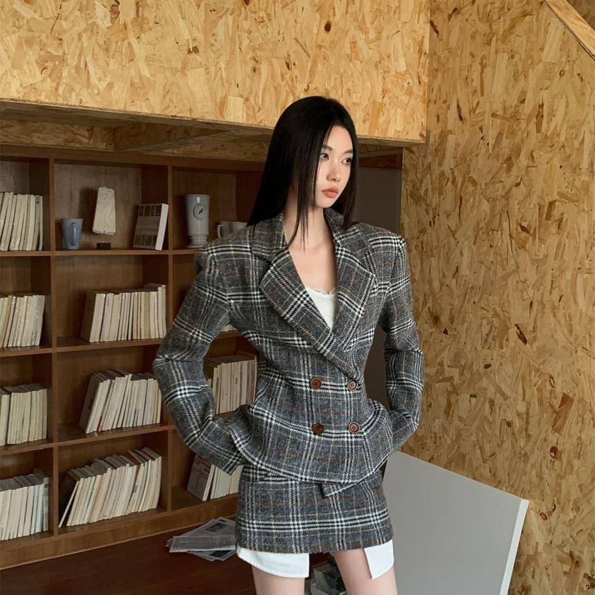 Double-Breasted Plaid Blazer with Notch Lapel & High-Waist Pencil Skirt