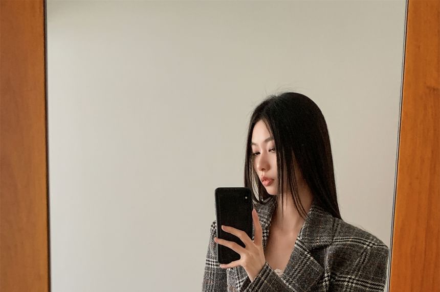 Double-Breasted Plaid Blazer with Notch Lapel & High-Waist Pencil Skirt