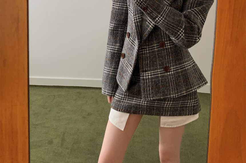 Double-Breasted Plaid Blazer with Notch Lapel & High-Waist Pencil Skirt