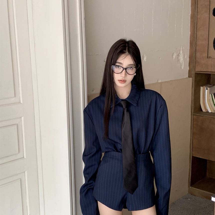 Striped Long-Sleeved Button-Up Shirt & High-Waisted Hot Pants & Necktie Set