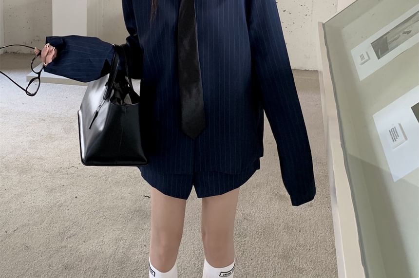 Striped Long-Sleeved Button-Up Shirt & High-Waisted Hot Pants & Necktie Set