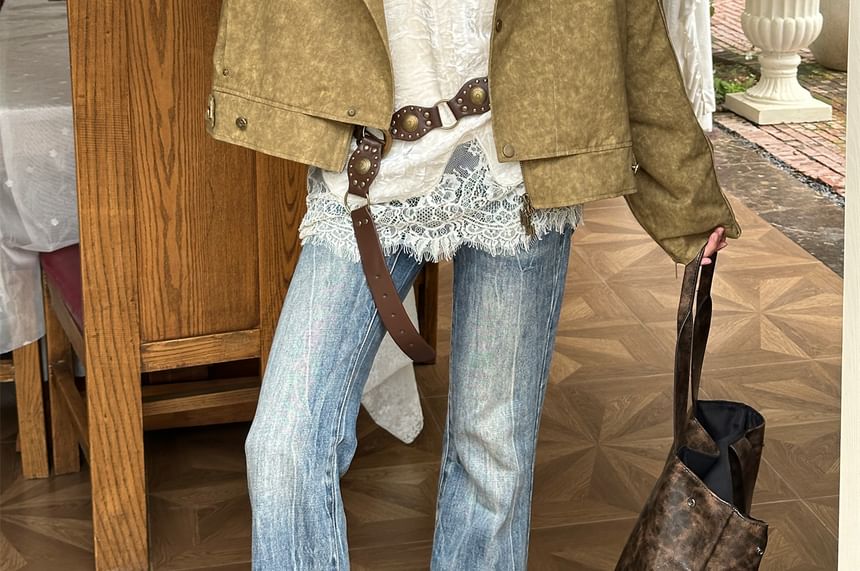 Lace-Paneled V-Neck Camisole Top & Studded Zip-Up Jacket Set