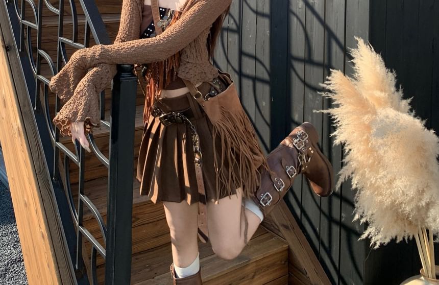 Fringed Studded Crop Tube Top / High Rise Plain Pleated Mini A-Line Skirt / Ruffle Trim Lace Crop Open Front Jacket