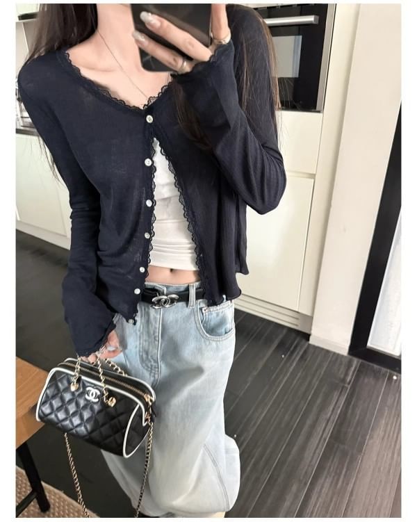 V-Neck Plain Lace Trim Button Up Cardigan