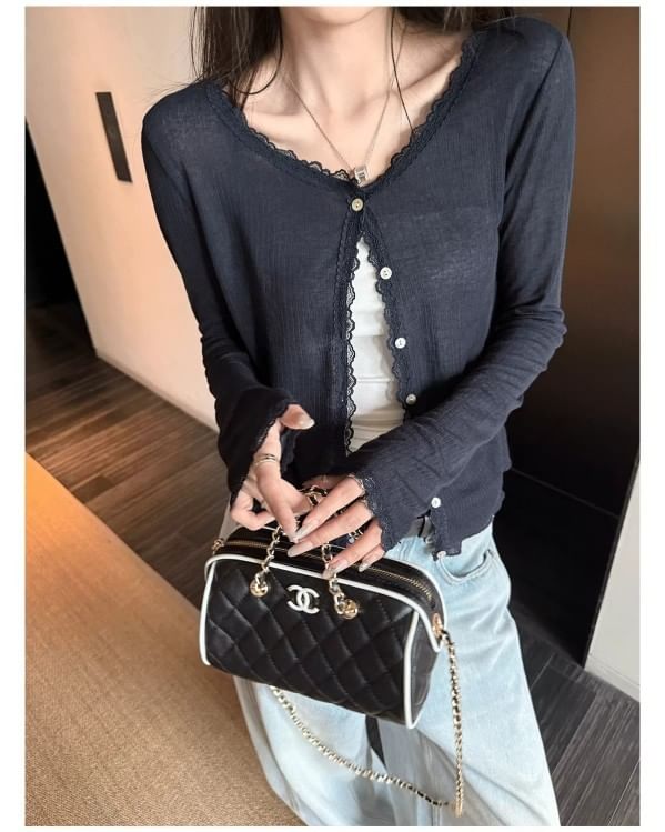 V-Neck Plain Lace Trim Button Up Cardigan