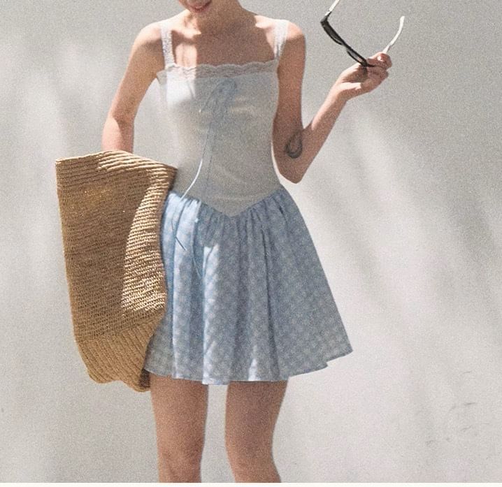 Spaghetti Strap Square Neck Plain Lace Trim A-Line Dress (Various Designs)