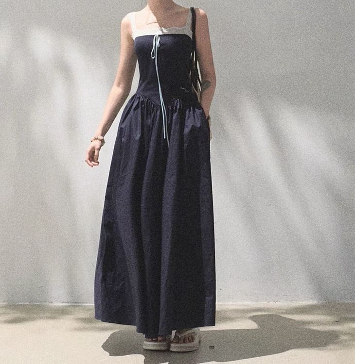 Spaghetti Strap Square Neck Plain Lace Trim A-Line Dress (Various Designs)