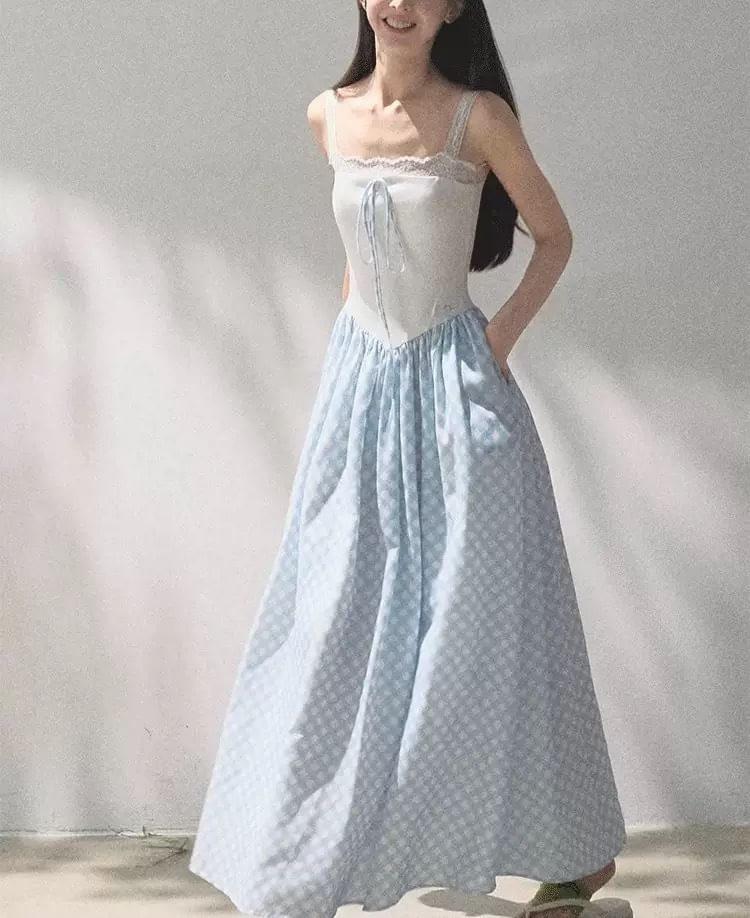 Spaghetti Strap Square Neck Plain Lace Trim A-Line Dress (Various Designs)