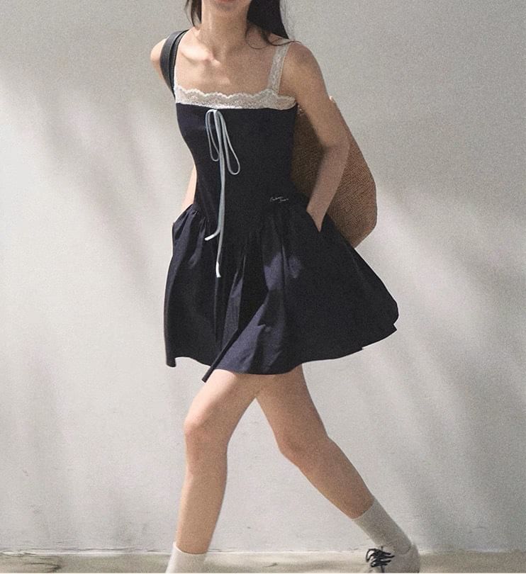 Spaghetti Strap Square Neck Plain Lace Trim A-Line Dress (Various Designs)